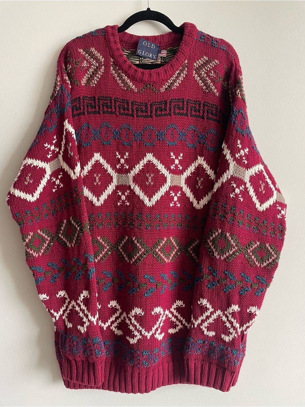 Vintage 90s Old Glory Aztec Sweater red crewneck grunge skater grandpa XL